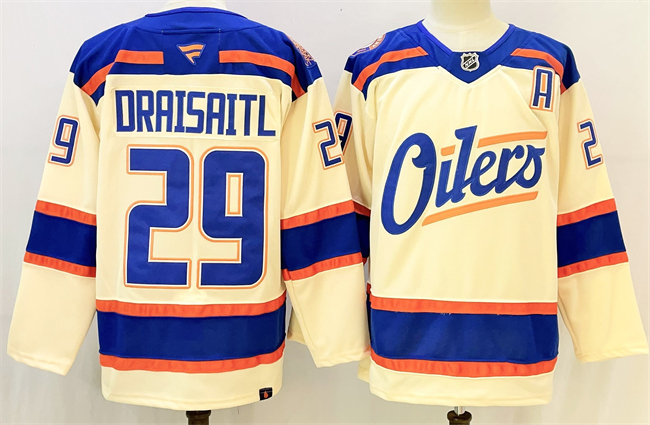 Men's Edmonton Oilers #29 Leon Draisaitl Light Beige Alternate With A Patch Stitched Hockey Jersey